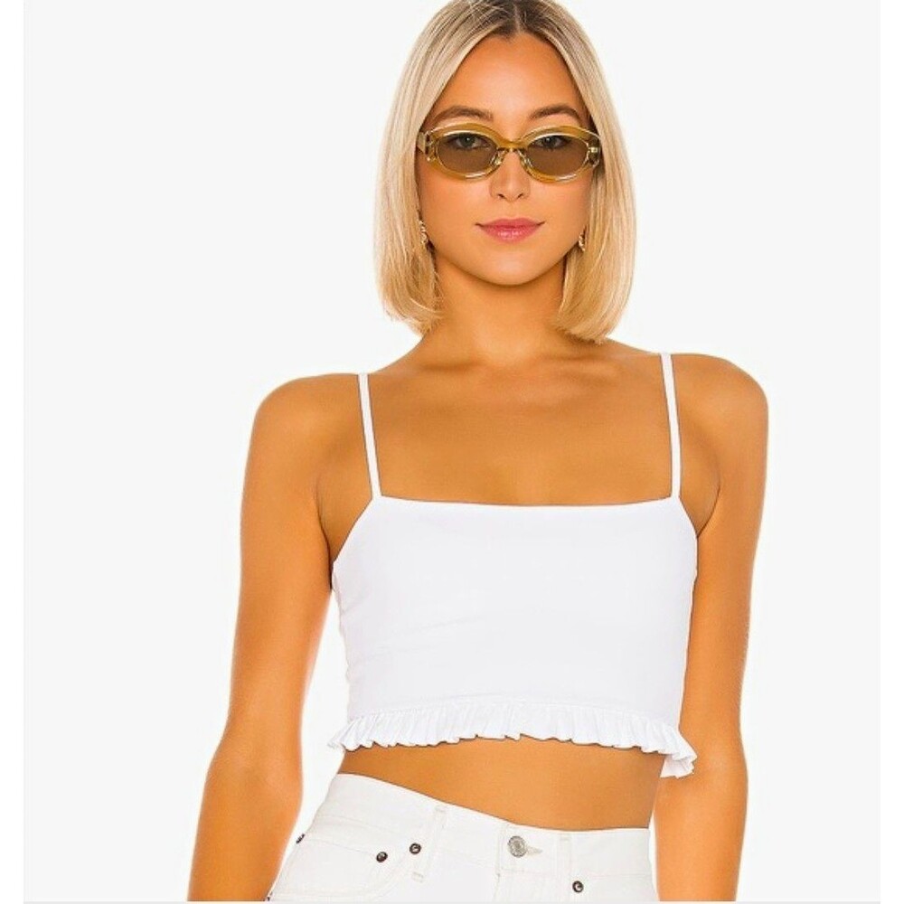 Susana Monaco White Ruffle Crop Cami Top MED Thin Spaghetti Strap Square Neck
